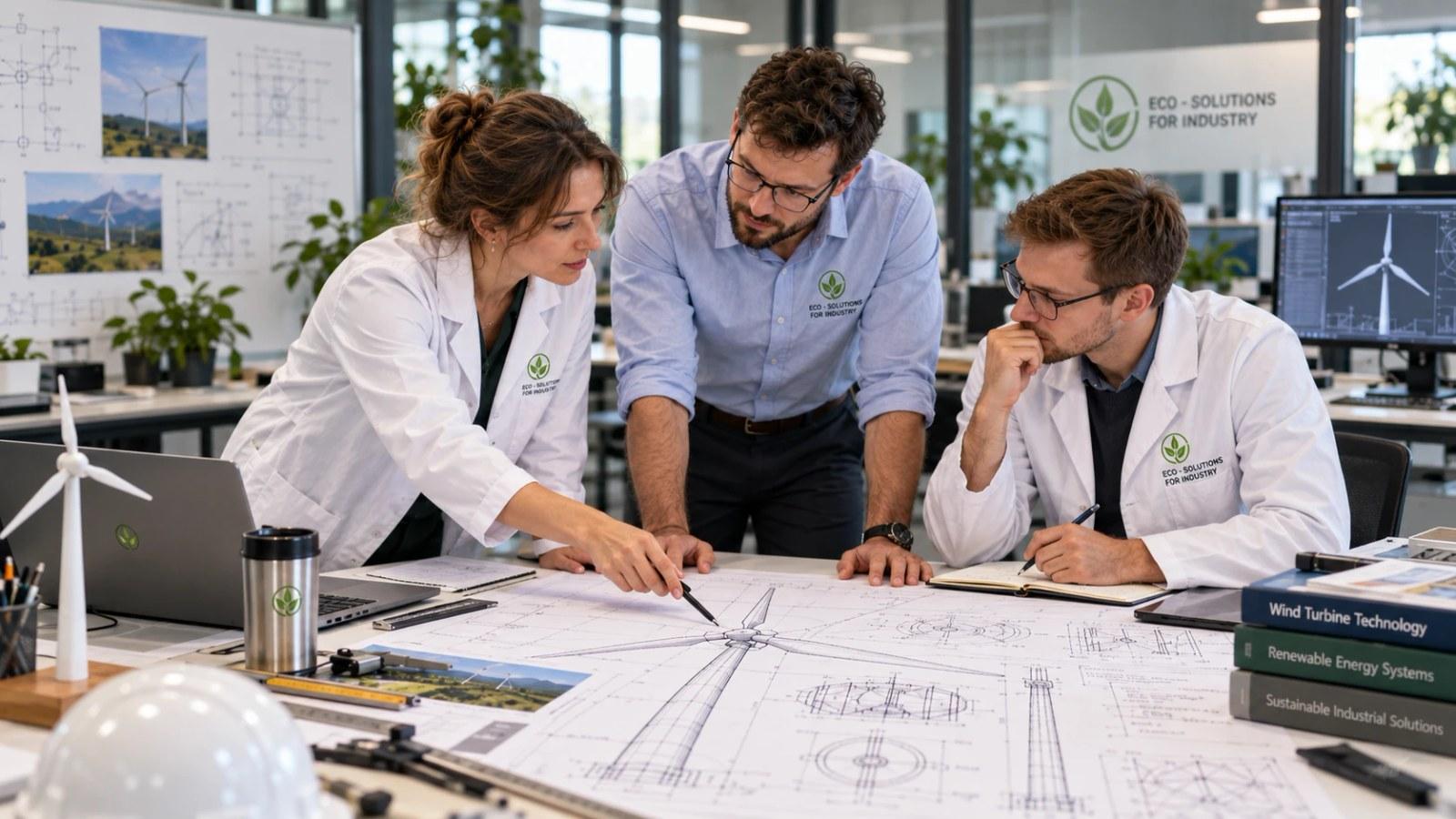 Three colleagues reviewing wind turbine blueprints in a bright office
